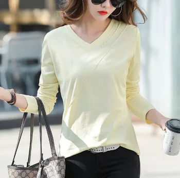 Женска тениска с V-образно деколте и къси ръкави, чист цвят 2022, новост, свободна черна