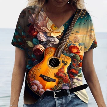 Модерна дамска тениска с музикалното участието на китара, лятна тениска с 3D-принтом, къс ръкав, дрехи от полиестерни влакна голям размер