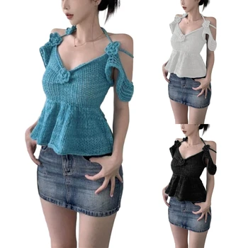 Дамски Плетени Блузи с къс ръкав и отворени рамене, Секси Тениска с V-образно деколте на спагети презрамки, Ежедневни Блузи с баской, 3D Риза с цветя модел, блуза
