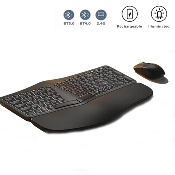 Безжична ергономична клавиатура с подсветка Mofii Безжична разделена клавиатура, 2,4 G Bluetooth клавиатура с ножничным ключа и поставка за дланите