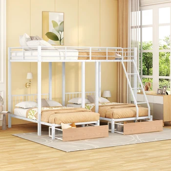 Бяла двуетажно легло с две единични легла, метални трехъярусная легло с чекмеджета и парапет, за мебели за спалня на закрито
