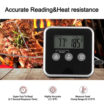 Кухненски Дигитален термометър за месо за готвене, температурата на храната за фурна, барбекю, Функция таймер за печене на скара със сензор, противодействие на топлина за готвене