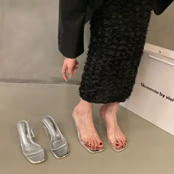 Летни Прозрачни пързалки 2023 Прозрачна обувки, Дамски Чехли с отворени пръсти на ток и дамски сандали Отвън Нескользящая Уникална обувки