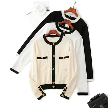 Корейски модерен пуловер, жилетка, Бяло, черно, контрастен вязаный пуловер, Женски есенен ден за ден без жилетка с дълъг ръкав, Дамско палто