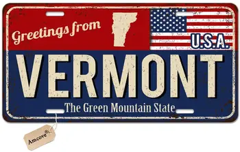 Регистрационен номер Amcove Здравейте от щата Върмонт Ретро Ръждясал метален знак с Флага на сащ Декоративен авто предния регистрационен номер
