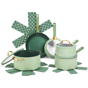 Комплект съдове за готвене Grainte с незалепващо покритие Thyme & Table от 12 теми, Зелен Комплект тенджери с незалепващо покритие, комплект тенджери и тигани
