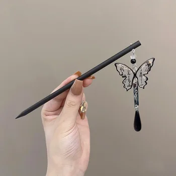 Новата Китайска калиграфия, пръчки за коса с пеперуди и пискюли, Темпераментни Елегантни дървени пръчици за хранене в стил ретро, Аксесоари за коса за жени