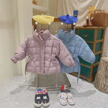 Модни памучен стеганая яке за малки момчета и момичета, зимно палто за деца, Поясная топло Дебели връхни дрехи, Детски дрехи от 2 до 10 години
