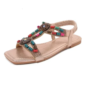 Модни сандали на равна подметка с мъниста, Дамски Летни богемные сандали с отворени пръсти, Дамски обувки в римски стил, с еластична лента, Sandalias Mujer 35-43