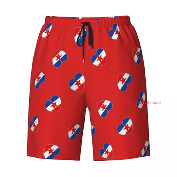 Мъжки плажни панталони от кадифе със сърца под флаг Югославия, праскова кожа, бързо съхнещи летни шорти за плуване с джобове