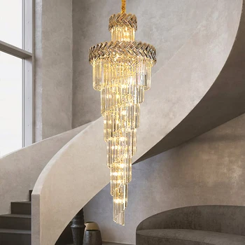 Дългата Полилей за Стълби Луксозен Хол Всекидневна Кристален Led лампа е Голям, Модерен Начало Декор Златна Лампа
