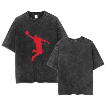 Баскетболен елемент, тежка категория, 100% Памук, Выстиранная потертая мъжки t-shirt, Унисекс, улични блузи, тениски