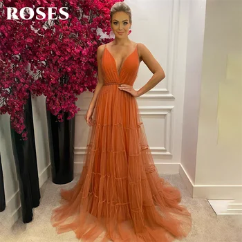 Оранжевото рокля за бала с рози трапецовидна форма, сетчатое вечерна рокля с V-образно деколте на спагети презрамки, рокли на знаменитости, сватбената рокля на поръчка вечерни рокли