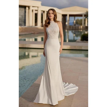 2023 Елегантна Женствена рокля с Бял Цвят на Бретелях Без ръкави с отворен гръб и Аппликацией, Придворен Струята, Модерно Сватбена Рокля по Поръчка, Вечерна Рокля