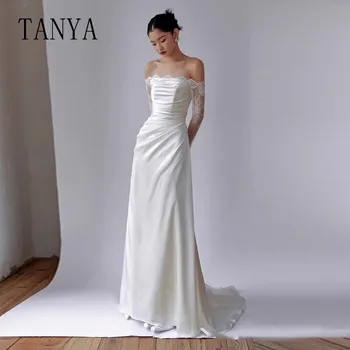 Елегантна Сватбена рокля с деколте лодка, дантелено Рокля с дълги ръкави във френски стил, с Нов дизайн, мек сатен, панделка, дължина до пода, сватбена рокля-калъф