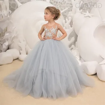 Апликация-Пушистое и елегантна рокля с цветя модел за момичета, рокля на принцеса за детски рожден Ден, просто рокля за Първо причастие