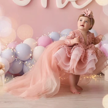 Рокля с цветя модел за Момичета, Сладка Розова, расшитая пайети Лъскава Буйна Органза с лък, подходящ за Сватбеното парти, Бални рокли Принцеса
