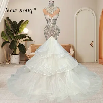 Бродирани Плажни перли сватбени рокли на Русалка с високо воротом, Сватбени рокли без ръкави в стил Бохо 2023, Дамски облекло за годеж на поръчка