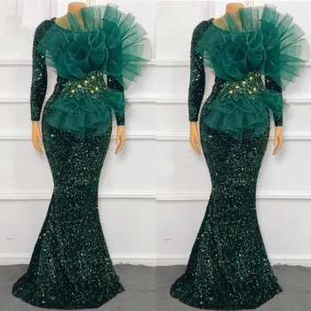 Изумрудено-зелени рокли за бала с пайети, с Дълъг ръкав, официални рокли с блясък Русалка, Африканските секси вечерна рокля Aso Ebi, vestidos