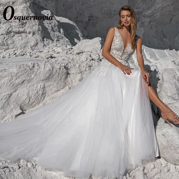 Класическа Сватбена рокля Osquernovia с V-образно деколте и Аппликацией, без ръкави, от Блестящо от Тюл, с цип Трапецовидна форма, 2023 Robe De Mariée