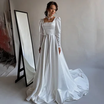 Атласное сватбена рокля С Дълъг ръкав и Тромаво яка, бели сватбени рокли дантела, Прости сватбени рокли Vestido de Новия