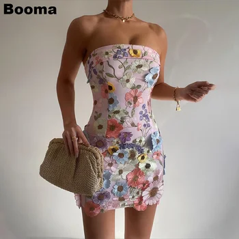 Booma Цветни къси рокли на Русалка за бала рокля без презрамки с бродерия цветя, коктейлни рокли за парти, вечерни рокли за жени, клубна облекло