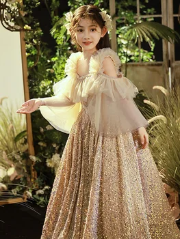 Изискана рокля с цветя и пайети цвят шампанско за момичета на сватба, детско принцеса рокля за изказвания от 3 до 12 години