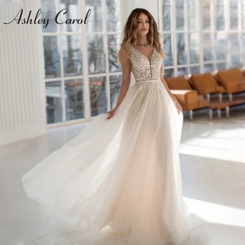 Сватбена рокля Трапецовидна форма Ашли Carol Високо качество 2023, Сватбена рокля в стил Бохо с дълбоко V-образно деколте, расшитое мъниста, с аппликацией на гърба, Vestidos De Новия