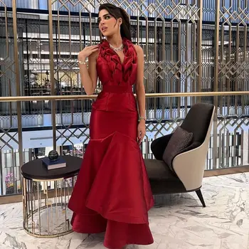 Червени вечерни рокли без презрамки с V-образно деколте Дължина до щиколоток, Темпераментни рокли за абитуриентски бал, Секси вечерна рокля Саудитска Арабия