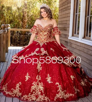 Блестяща Бална рокля на Принцеса, Буйни Рокли С Аппликацией от пайети, дантела Корсет, Мексикански ръкави за Момичета, mariee de rouge