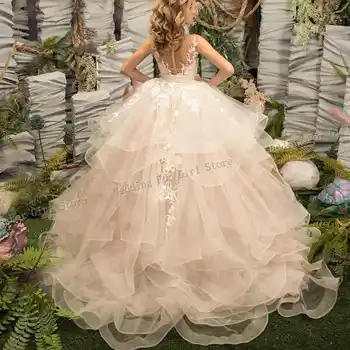 Пищни тюлевое рокля с цветя модел за момичета, Многослойни дантелени апликации За Сватба, рожден Ден, Банкет, Рокля на Принцеса, рокля за Първо Причастие