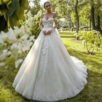 Най-новото сватбена рокля на Принцеса в Сладък стил на принцесата Трапецовидна форма, прозрачно сватбена рокля от тюл, расшитое мъниста, Женски бална рокля с дантелен аппликацией, robe de mariée