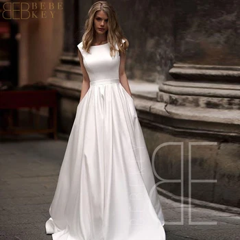 Бяло атласное сватбена рокля за гости с кръгло деколте на Булката Сватбени рокли за жени Елегантна рокля трапецовидна форма Сватбени рокли 2024 Булката