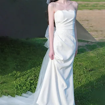 Секси Сватбени рокли на Русалка на спагети презрамки с Малък Влак, Елегантна Просто Сватбена рокля 2023, Ново Атласное Vestidos De Новия