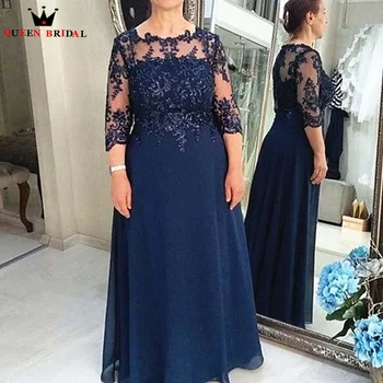 Тъмно синя Елегантна рокля за майката на Булката от шифон с кружевными апликации в три четвърти vestido da mae noiva Плюс Размера на поръчка DT37