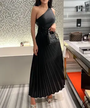 Ново луксозно секси вечерна рокля с едно рамо, без ръкави за бала с Дължина до глезена Black2023 فستان