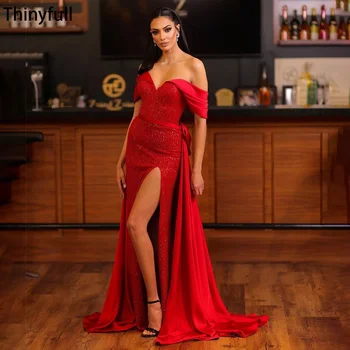 Тънки червени блестящи вечерни рокли на Русалка с открити рамене, рокли за абитуриентски бал с прерязано и лък, вечерни рокли за дейности за жени в Дубай