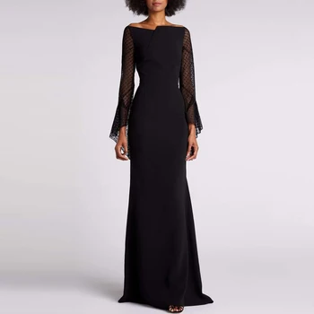 Черно атласное рокля за майката на Булката с деколте лодка, цип във формата на Русалки, с дължина до пода, вечерни рокли-калъф с дълъг ръкав