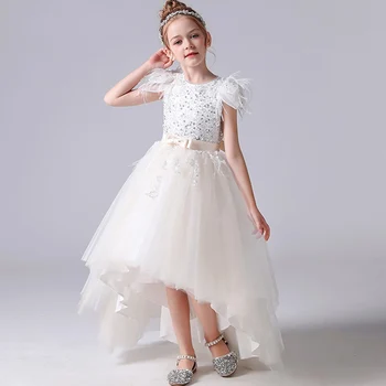 Бяла Сватбена рокля с цветя модел за момичета, Тюл, пайети, лък, Вечерни Бални рокли на Принцеса, Рокля на шаферка за Първо Причастие