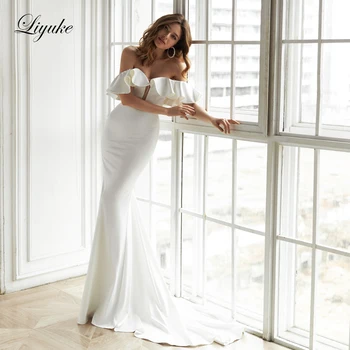 Liyuke Елегантна Атласное Сватбена рокля на Русалка във формата на Сърце, Сватбена рокля С плисета на раменете, Сватбени рокли
