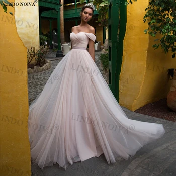 LINDO NOIVA Vestido De Новия 2023 Розова Сватбена рокля от Тюл с открити Рамене и Ръкави във формата на Сърце Дантела Дължина до пода