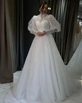 Реколта булчинска рокля с високо воротом и пухкави ръкави от тюл и органза, бродирани с мъниста, Вечерна рокля за младоженци 2024 Vestido De Noival